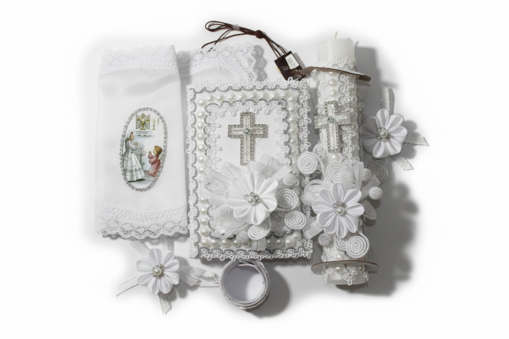 First Communion 5-Piece Candle and Missal Gift Set with Rhinestone Cross